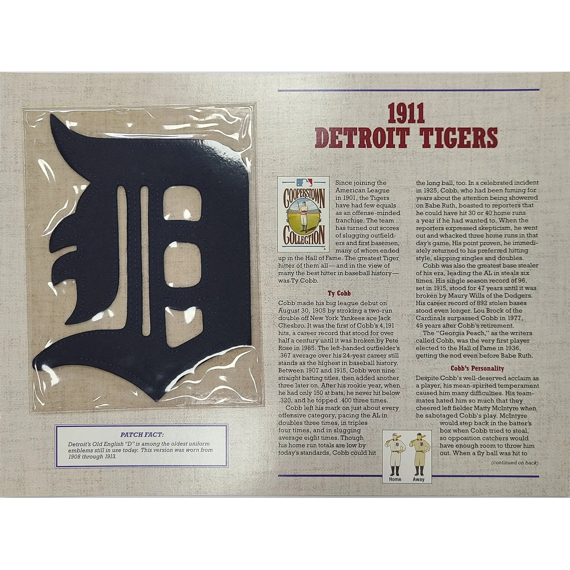 1911 Detroit Tigers Ty Cobb Willabee & Ward Patch With Stat Card
