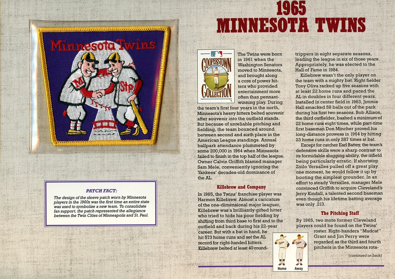 1965 Minnesota Twins Willabee & Ward Patch With Stat Card