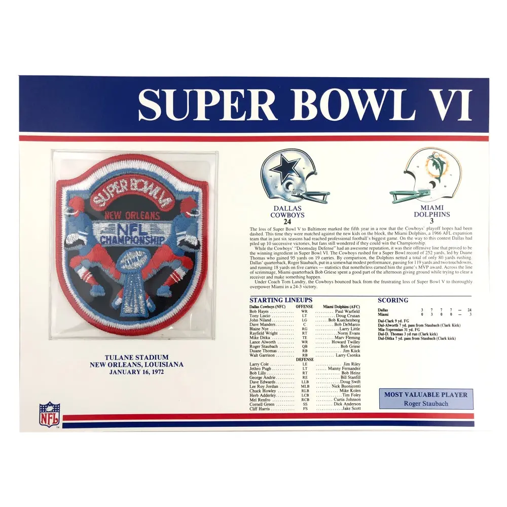 1972 NFL Super Bowl VI Logo Willabee & Ward Patch (Dallas Cowboys vs. Miami Dolphins)