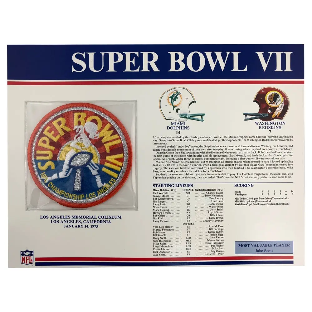 1973 NFL Super Bowl VII Logo Willabee & Ward Stat Card Patch (Washington Football Team vs. Miami Dolphins)