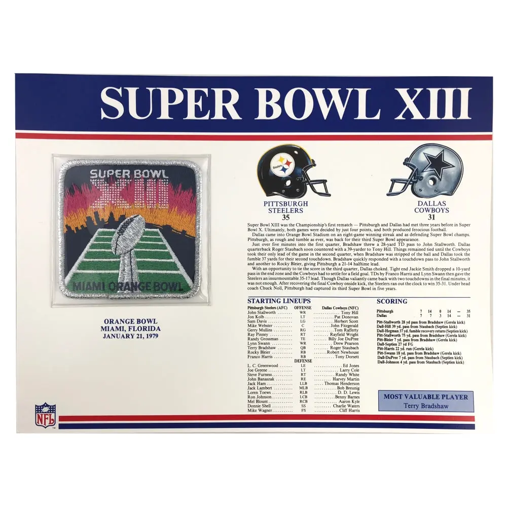 1979 NFL Super Bowl XIII Logo Willabee & Ward Patch Stat Card (Dallas Cowboys vs. Pittsburgh Steelers)
