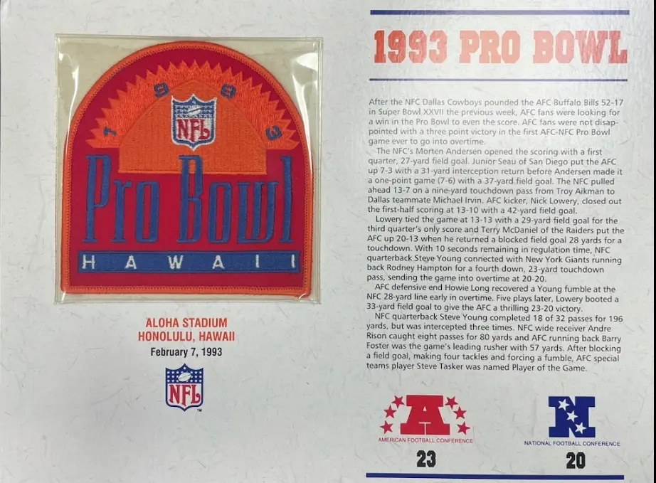 1993 NFL Pro Bowl Willabee & Ward Stat Card Patch