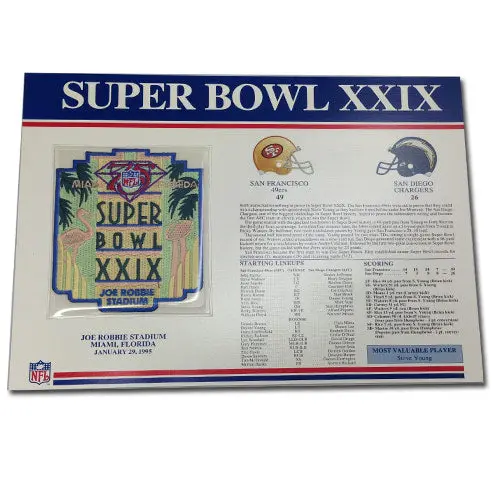 1995 NFL Super Bowl XXIX Logo Willabee & Ward Patch With Header Board (San Diego Chargers vs. San Francisco 49ers)