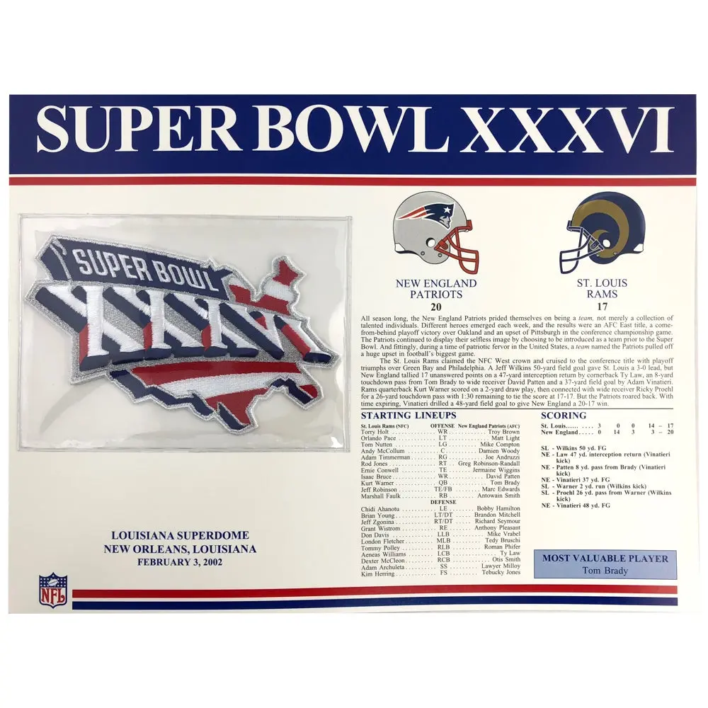 2002 NFL Super Bowl XXXVI Logo Willabee & Ward Patch (St. Louis Rams vs. New England Patriots)