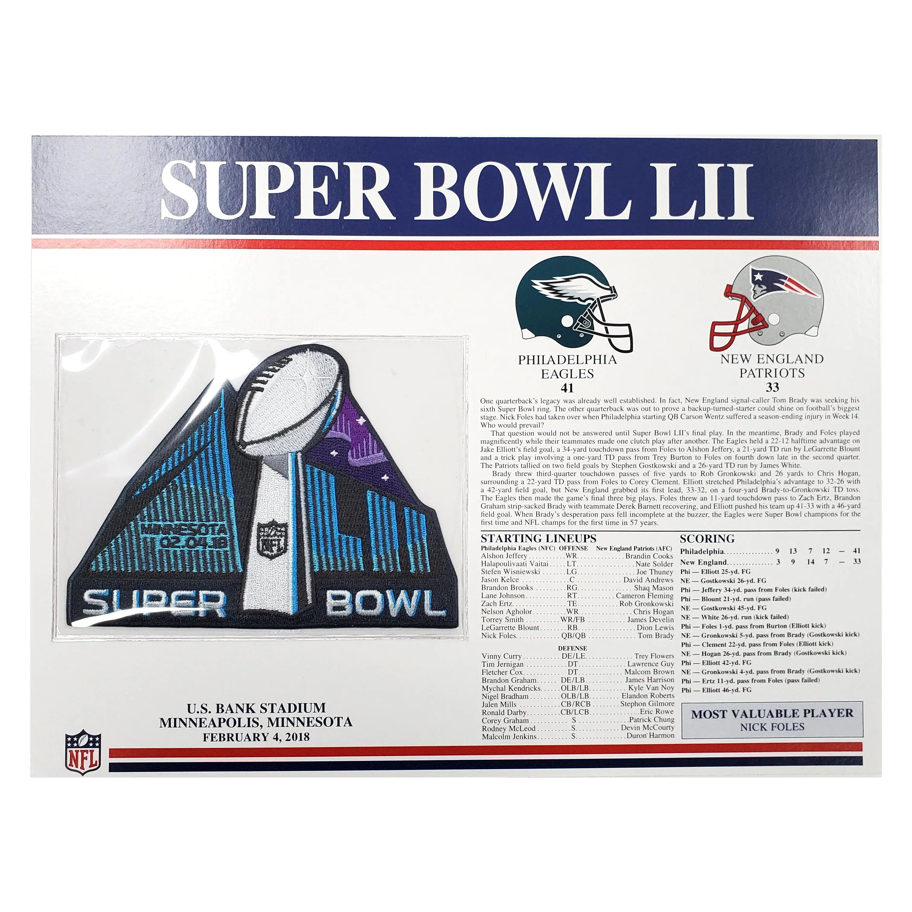 2018 NFL Super Bowl 52 LII Willabee & Ward Patch Philadelphia Eagles Vs. New England Patriots