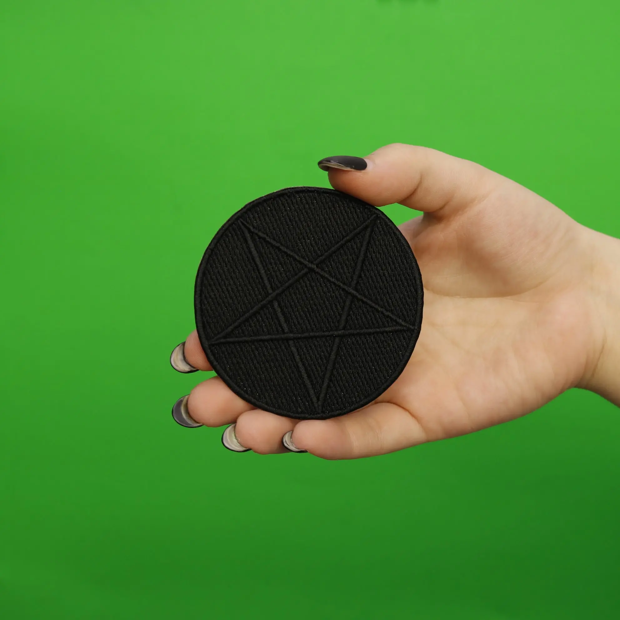 All Black Pentagram Symbol Iron On Embroidered Patch - Image 2