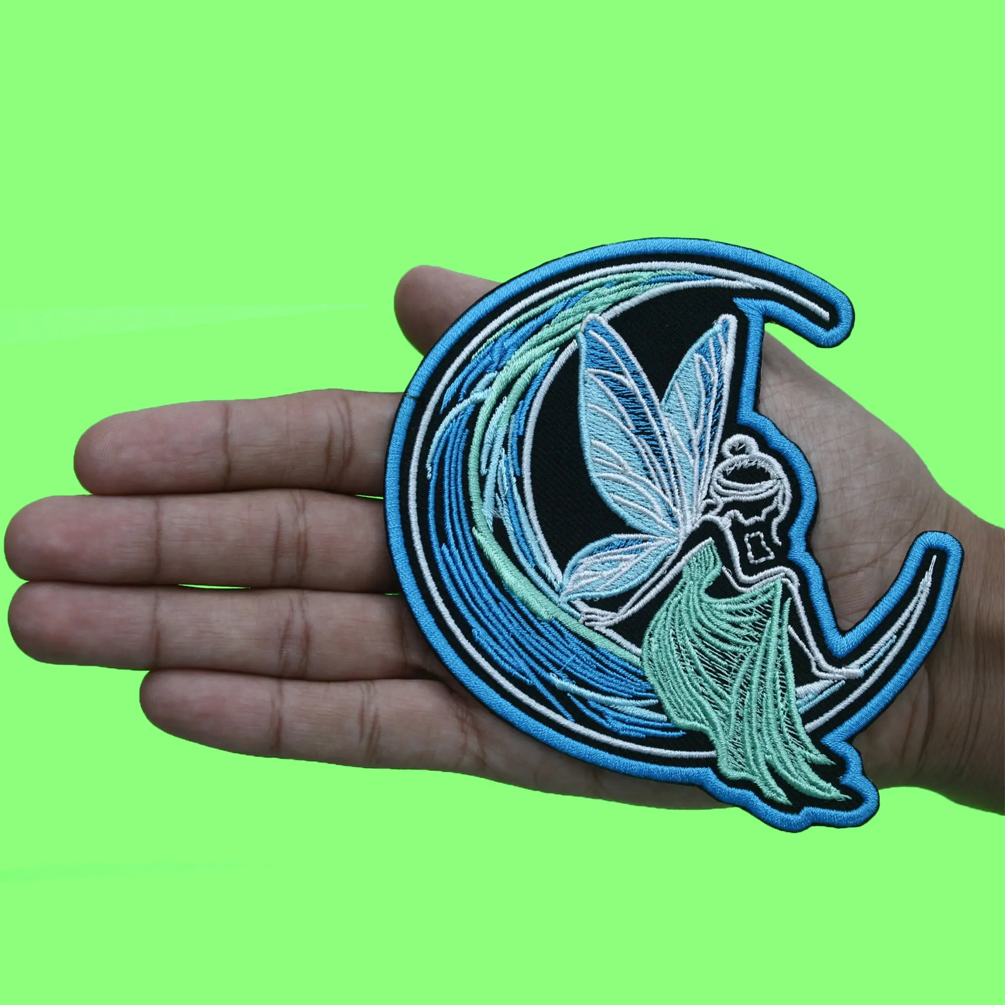 Crescent Neon Fairy Patch Mythical Teal Moon Embroidered Iron On - Image 2