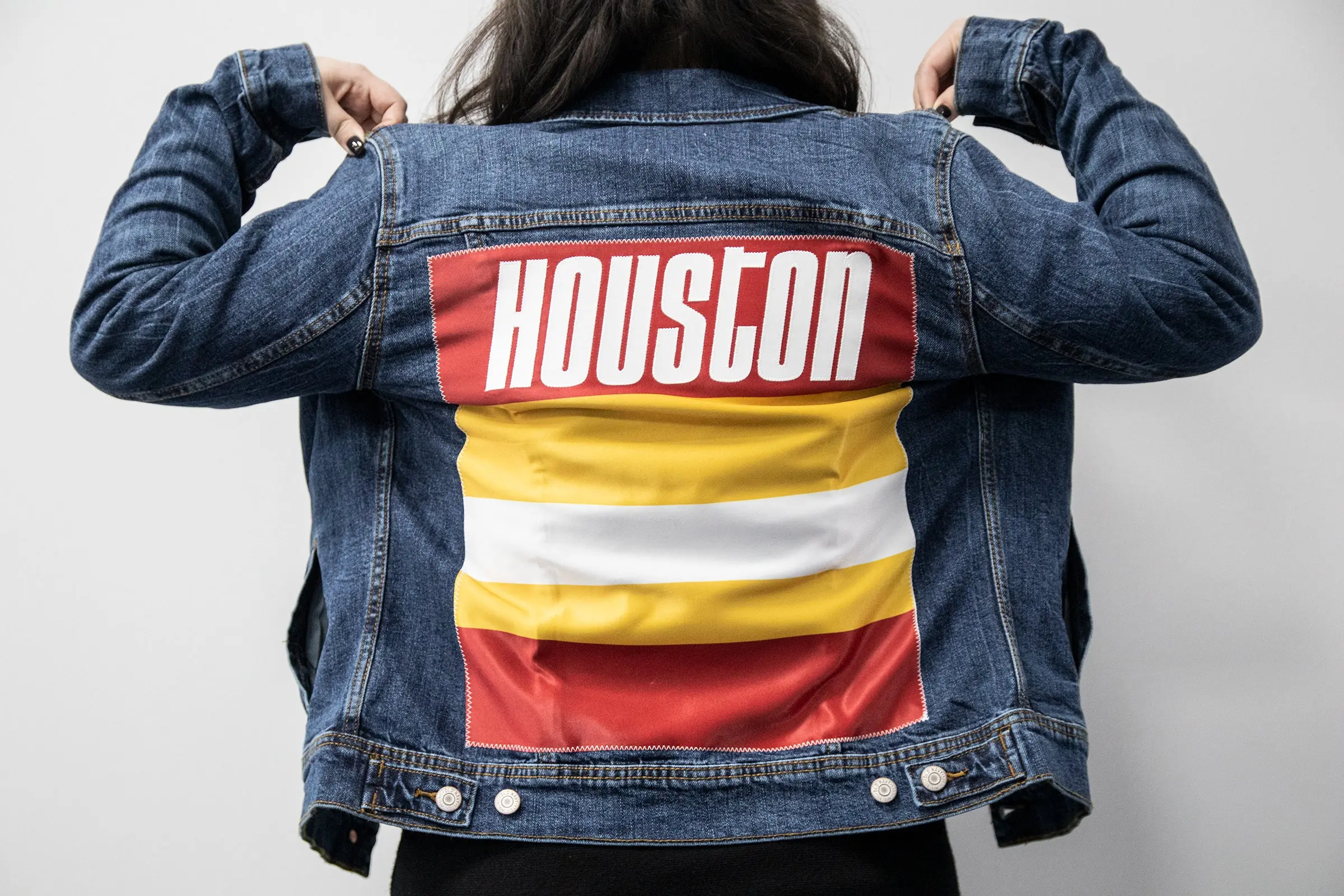 Custom Houston Basketball Team Retro Rainbow Dark Denim Jacket For Women - Image 3