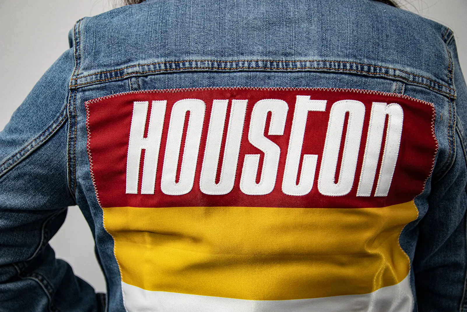 Custom Houston Basketball Team Retro Rainbow Light Denim Jacket For Women - Image 2