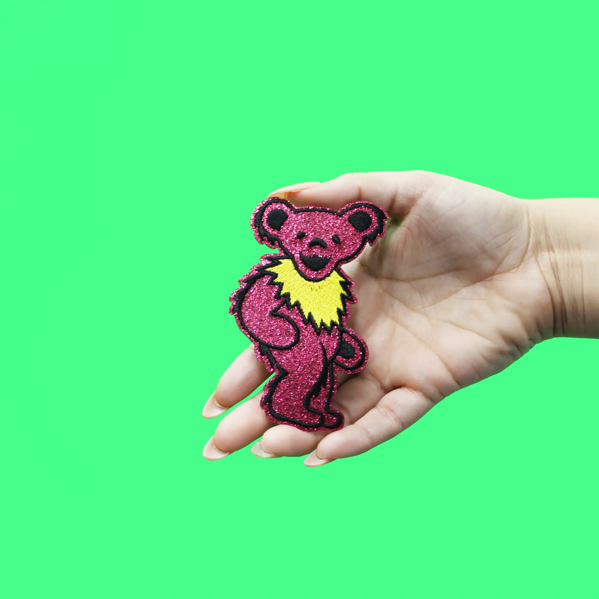 Grateful Dead Bears Patch Pink Glitter Dancing Bear Embroidered Iron On - Image 2