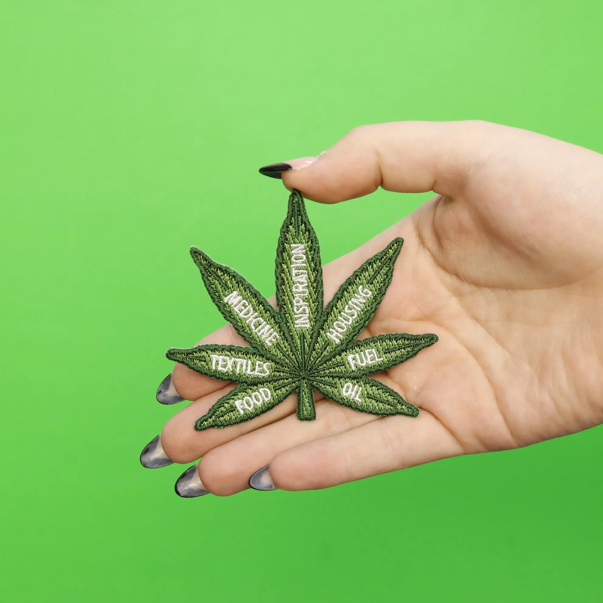 Green Helpful Hemp Marijuana Leaf Embroidered Iron On Patch - Image 2
