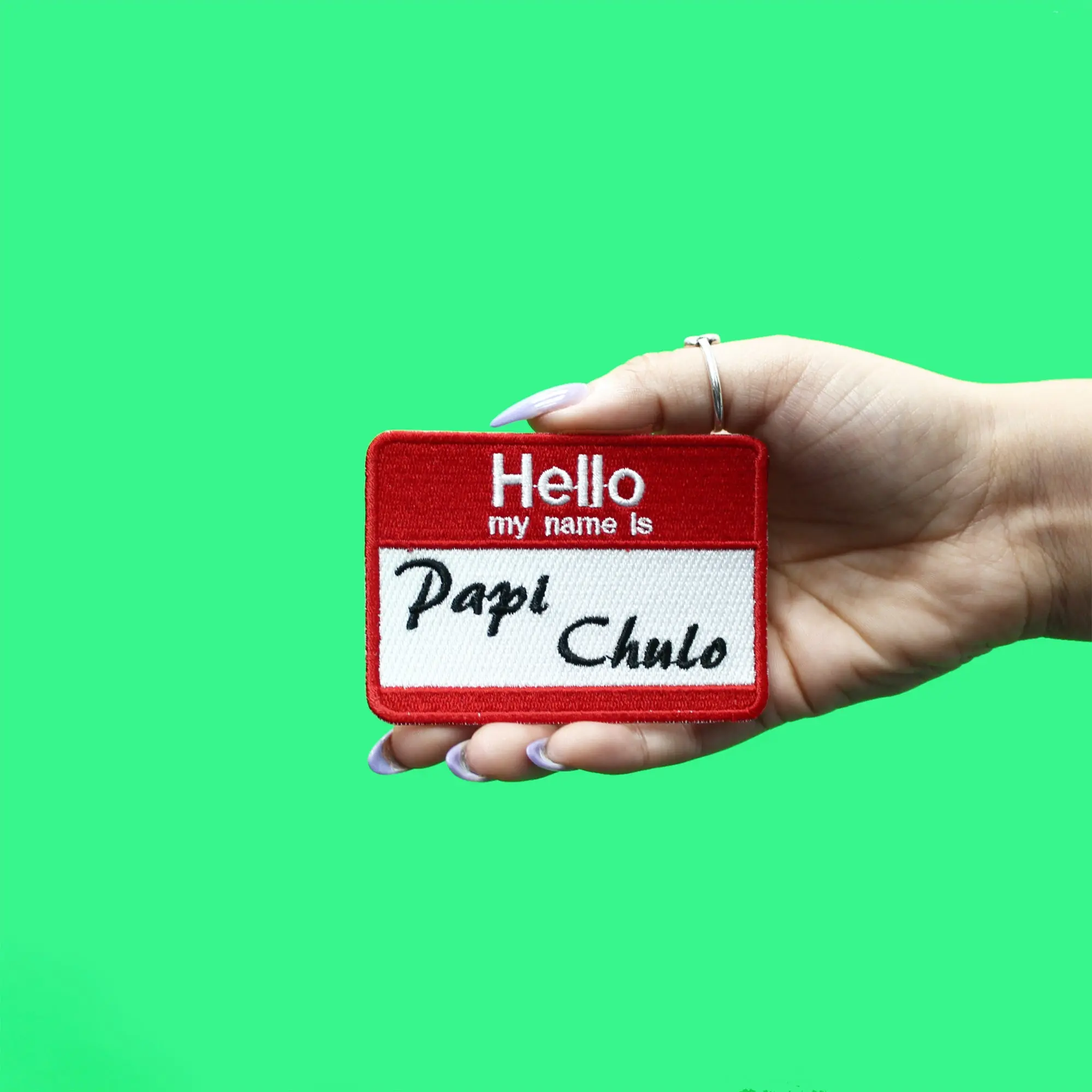 Hello My Name Is "Papi Chulo" Patch Name Tag Embroidered Iron On - Image 2