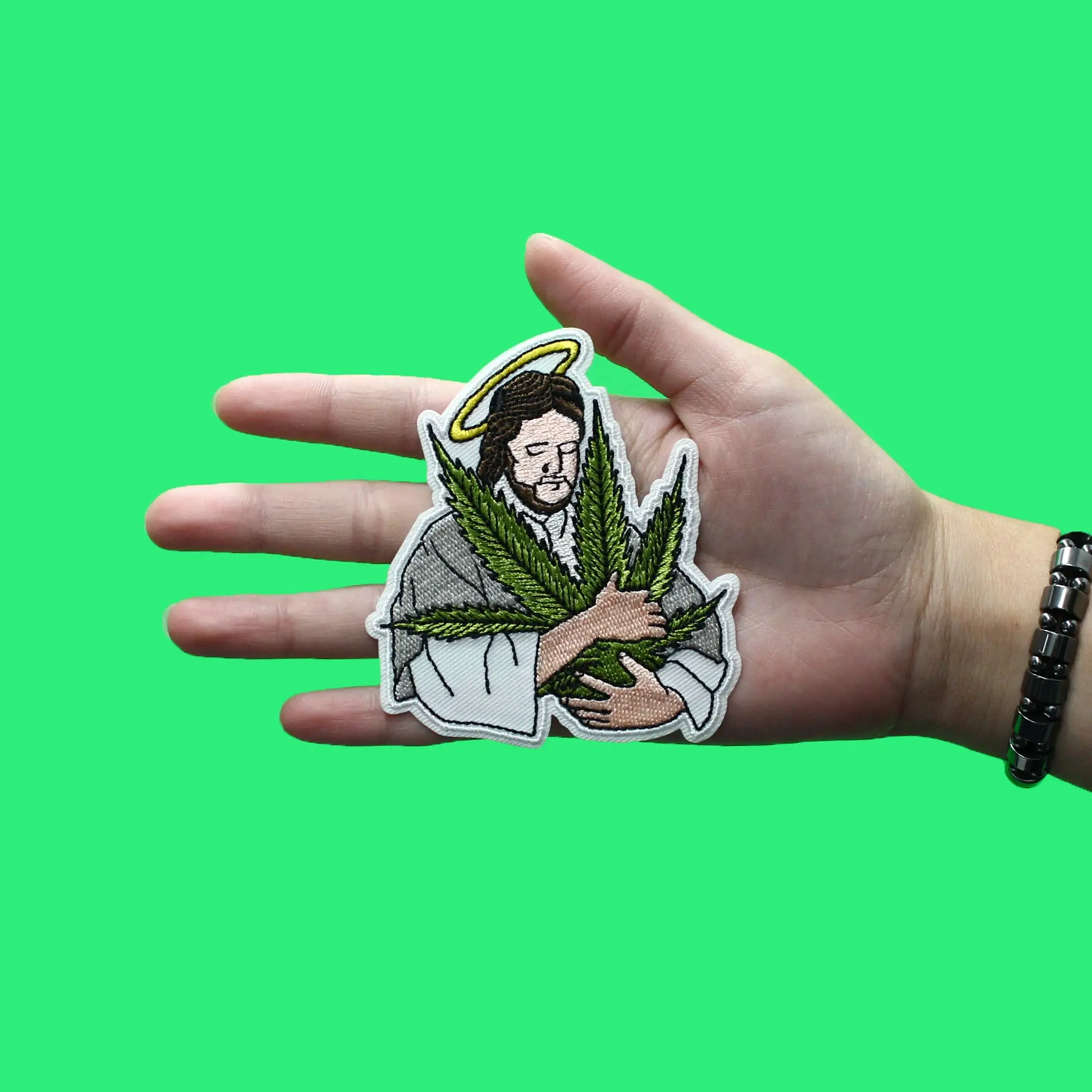 Jesus Bud Marijuana Leaf Patch Stoner Happy Embroidered Iron On Patch - Image 2