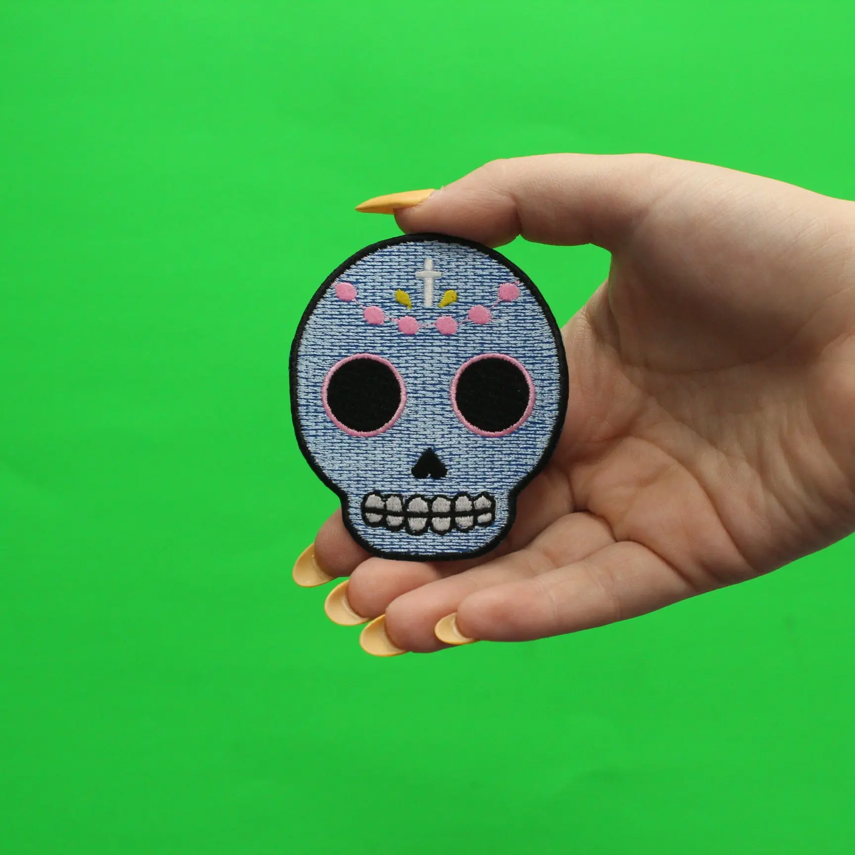 Light Blue Sugar Skull Iron On Embroidered Patch - Image 2