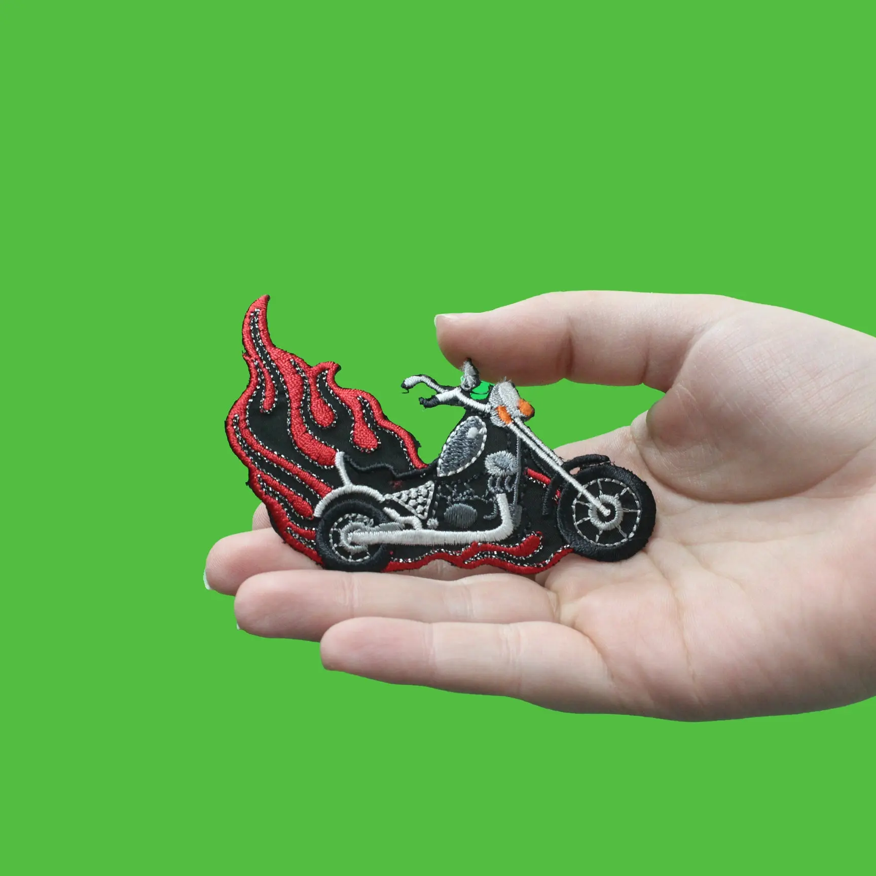 Motorcycle With Flames Biker Embroidered Iron On Applique Patch - Image 2