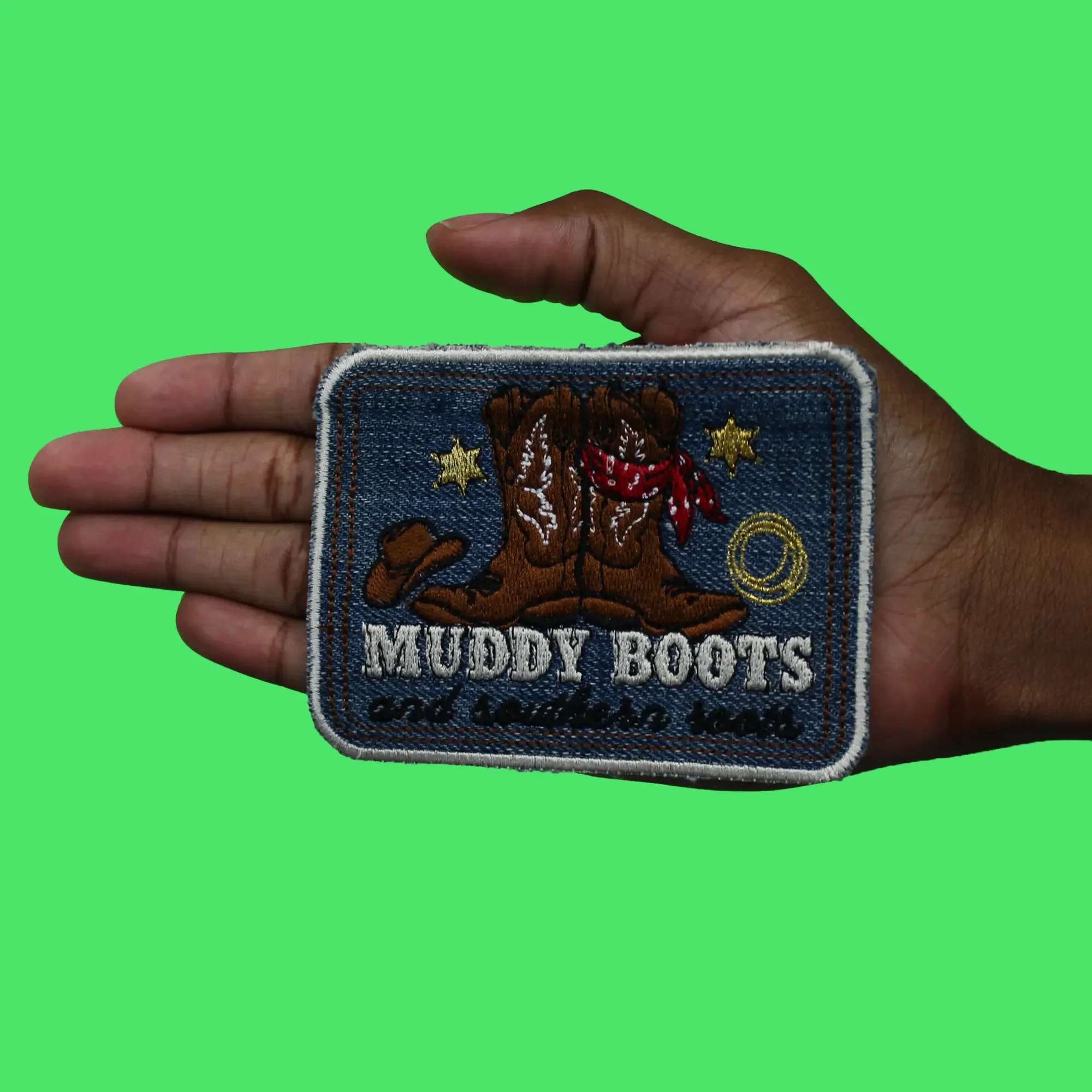 Muddy Boots Southern Roots Denim Patch Western Country Embroidered Iron On - Image 2