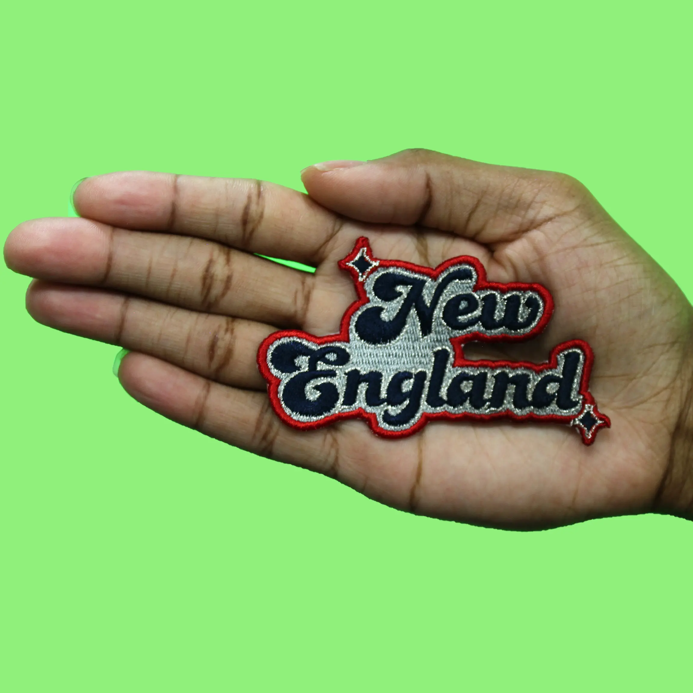 New England Sparkle Patch Grey/Red Script Football Embroidered Iron On - Image 2