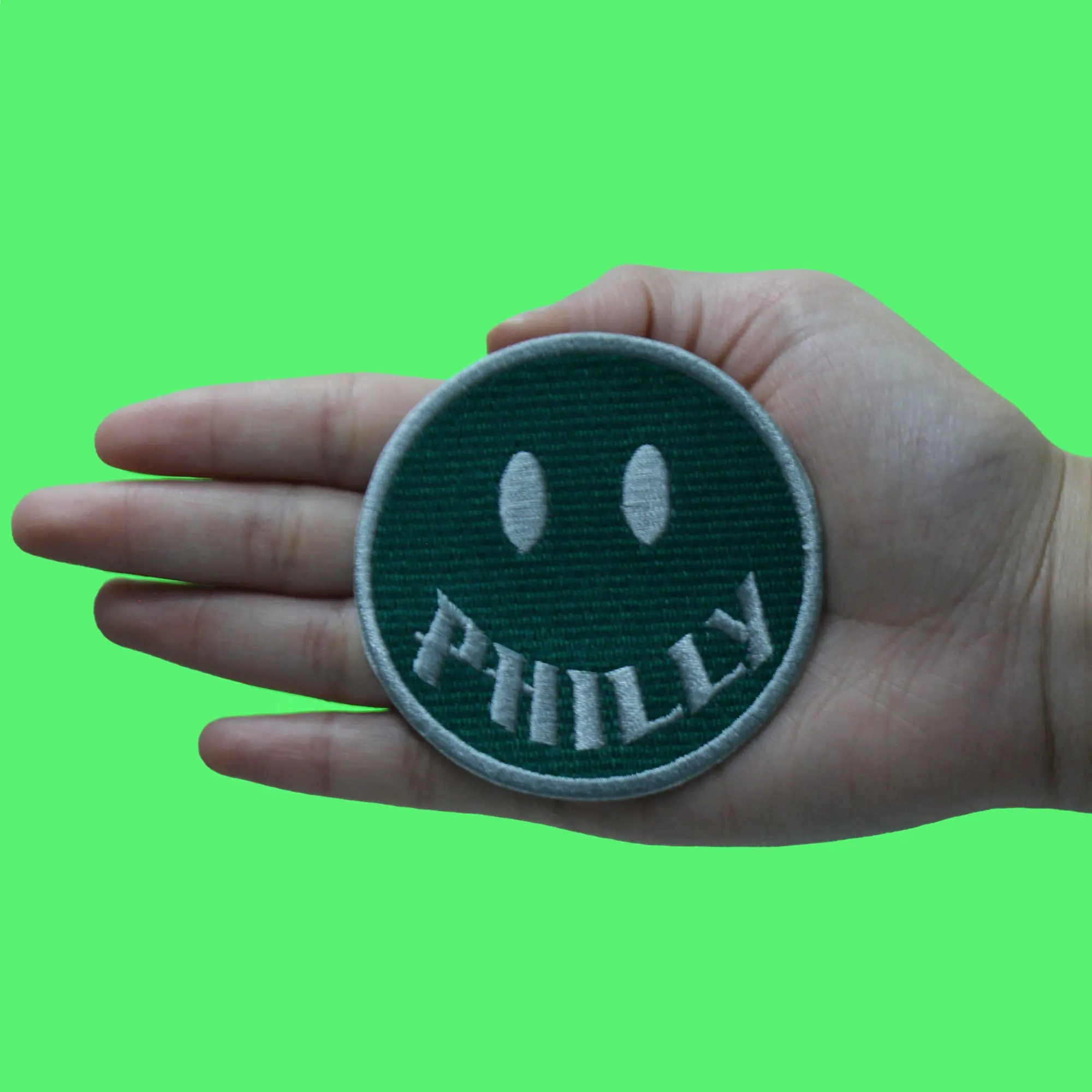 Pennsylvania Philly Smiley Patch Green Script Face Embroidered Iron On Patch - Image 2