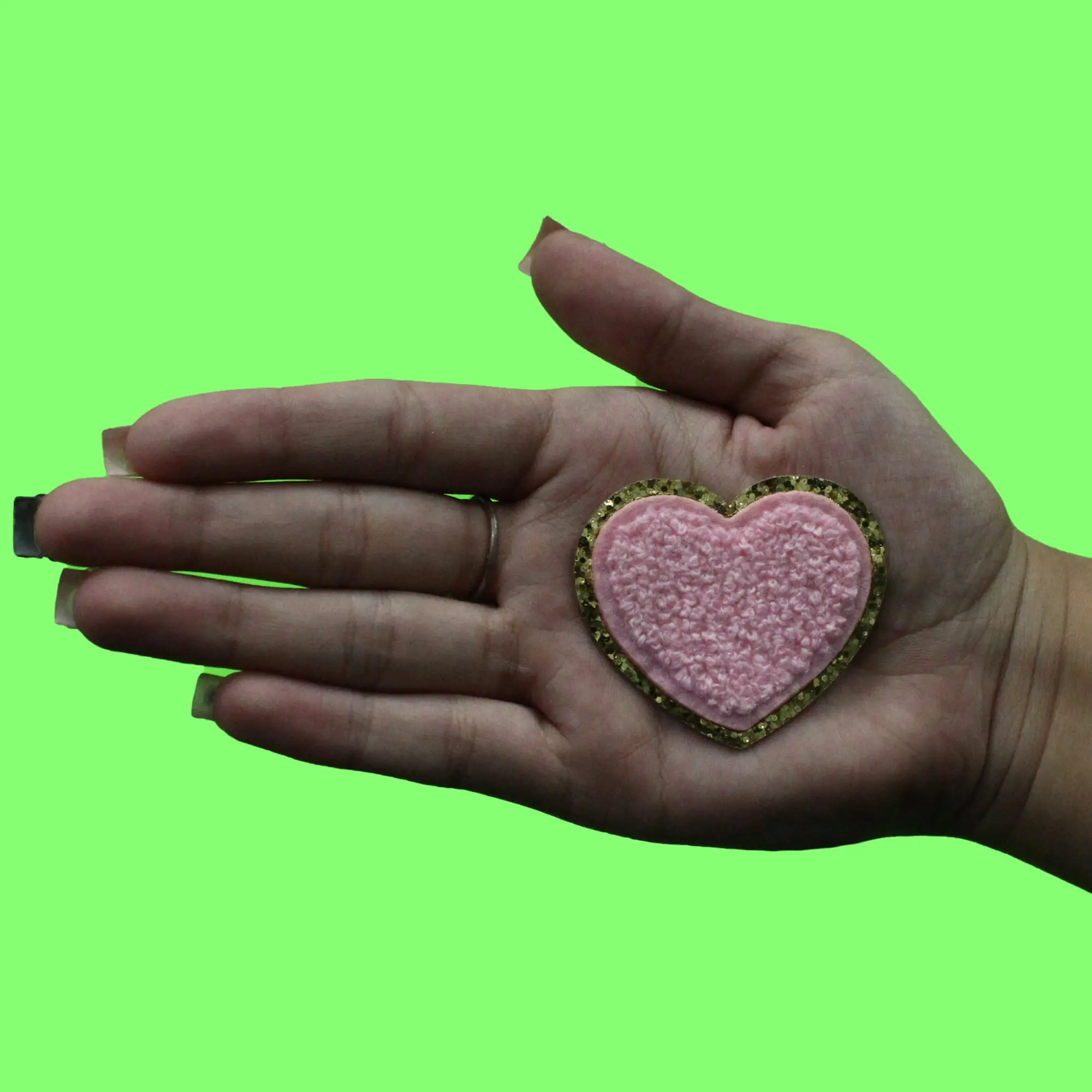 Lovely Pink Heart Patch Golden Cute Girly Chenille Iron On - Image 2