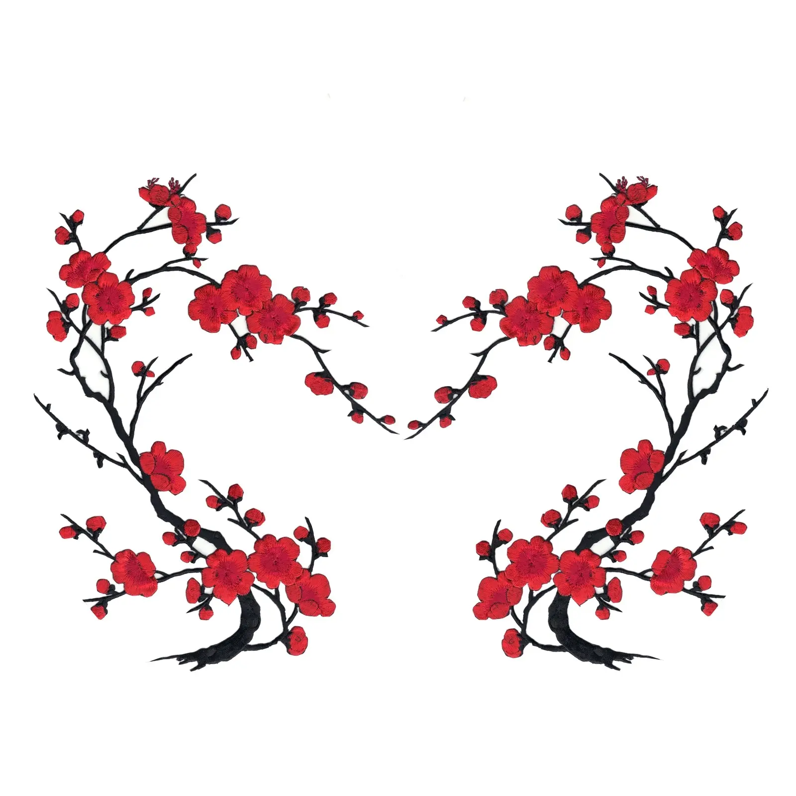 Red Cherry Blossom Flowers Set of Two Embroidered Iron on Patches