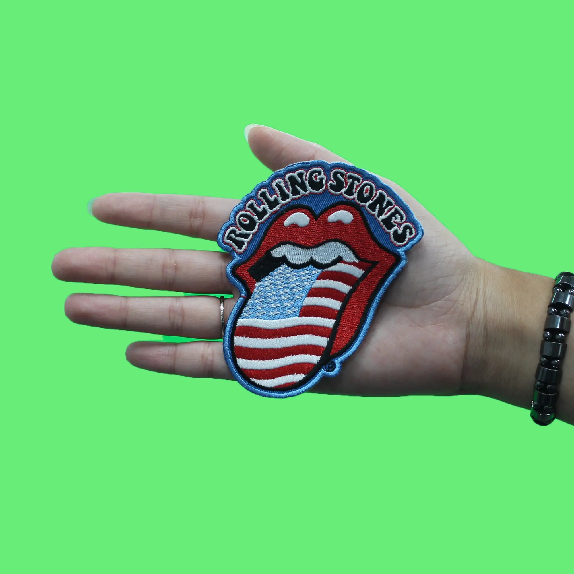 Rolling Stones Font Patch US Flag Mick Jagger Embroidered Iron On - Image 2