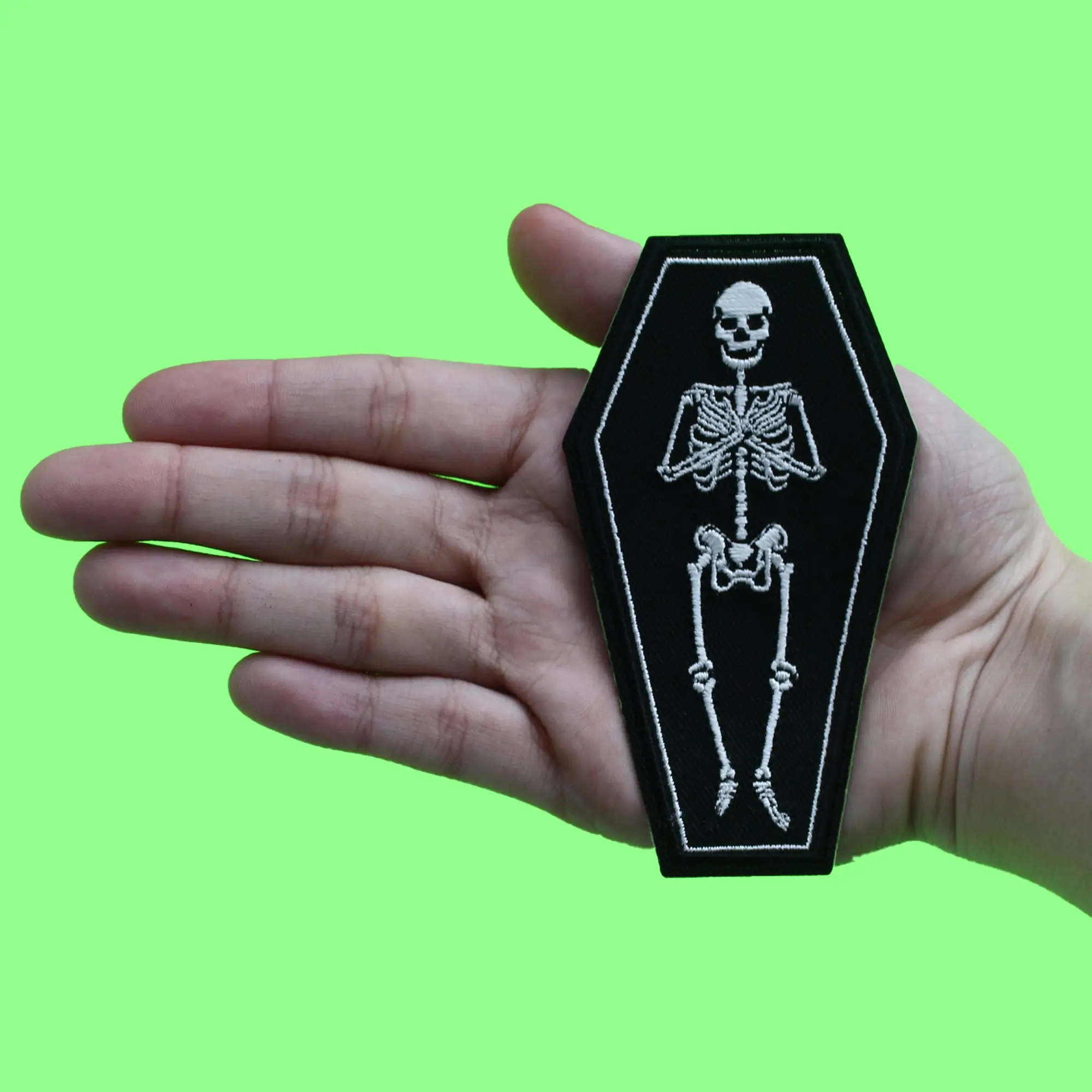 Skeleton Laying in Coffin Patch Spooky Bones Body Embroidered Iron On - Image 2