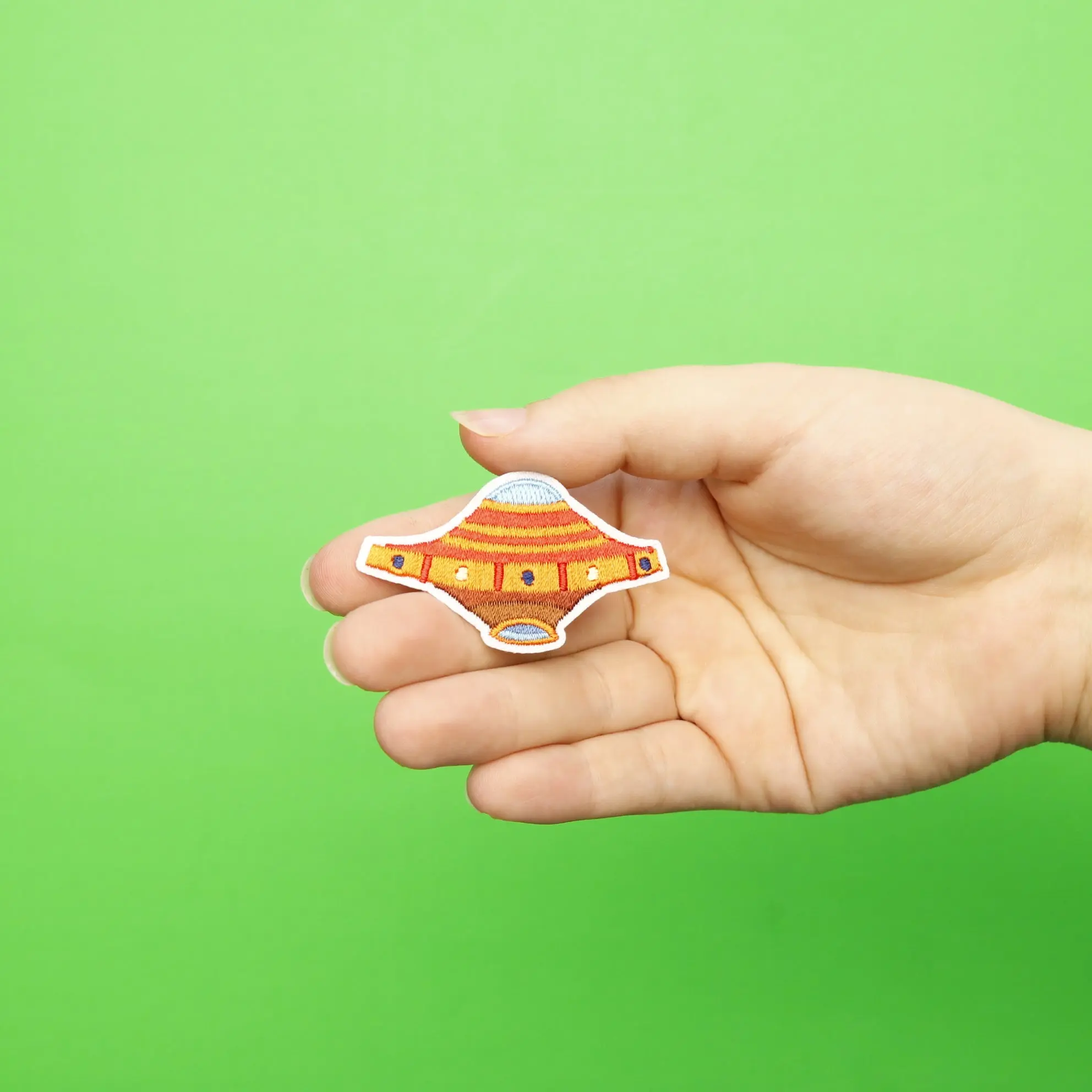 Small Orange UFO Alien Spaceship Embroidered Iron On Patch - Image 2