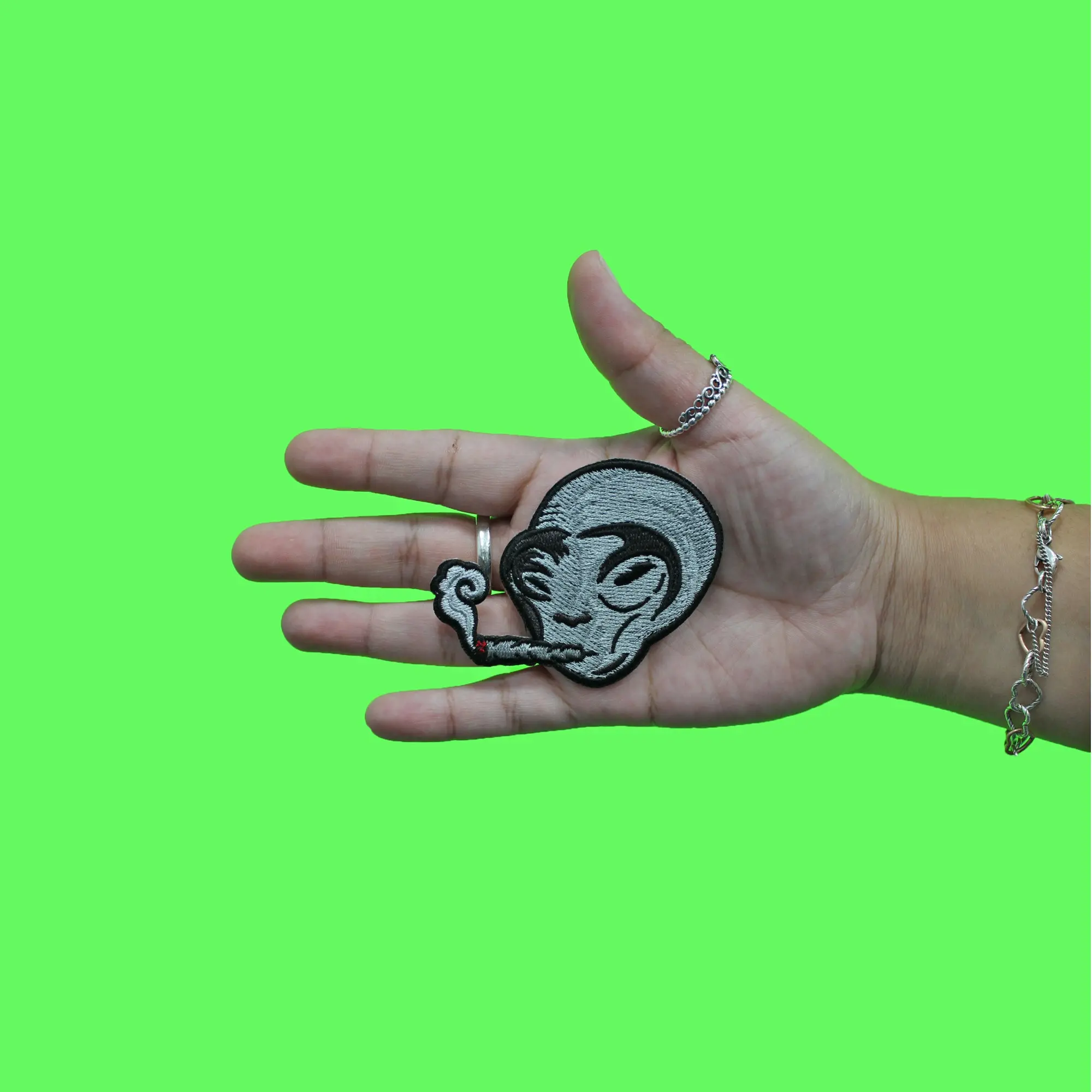 Smoking Outer Space Alien Patch Cool Extraterrestrial Embroidered Iron On - Image 2
