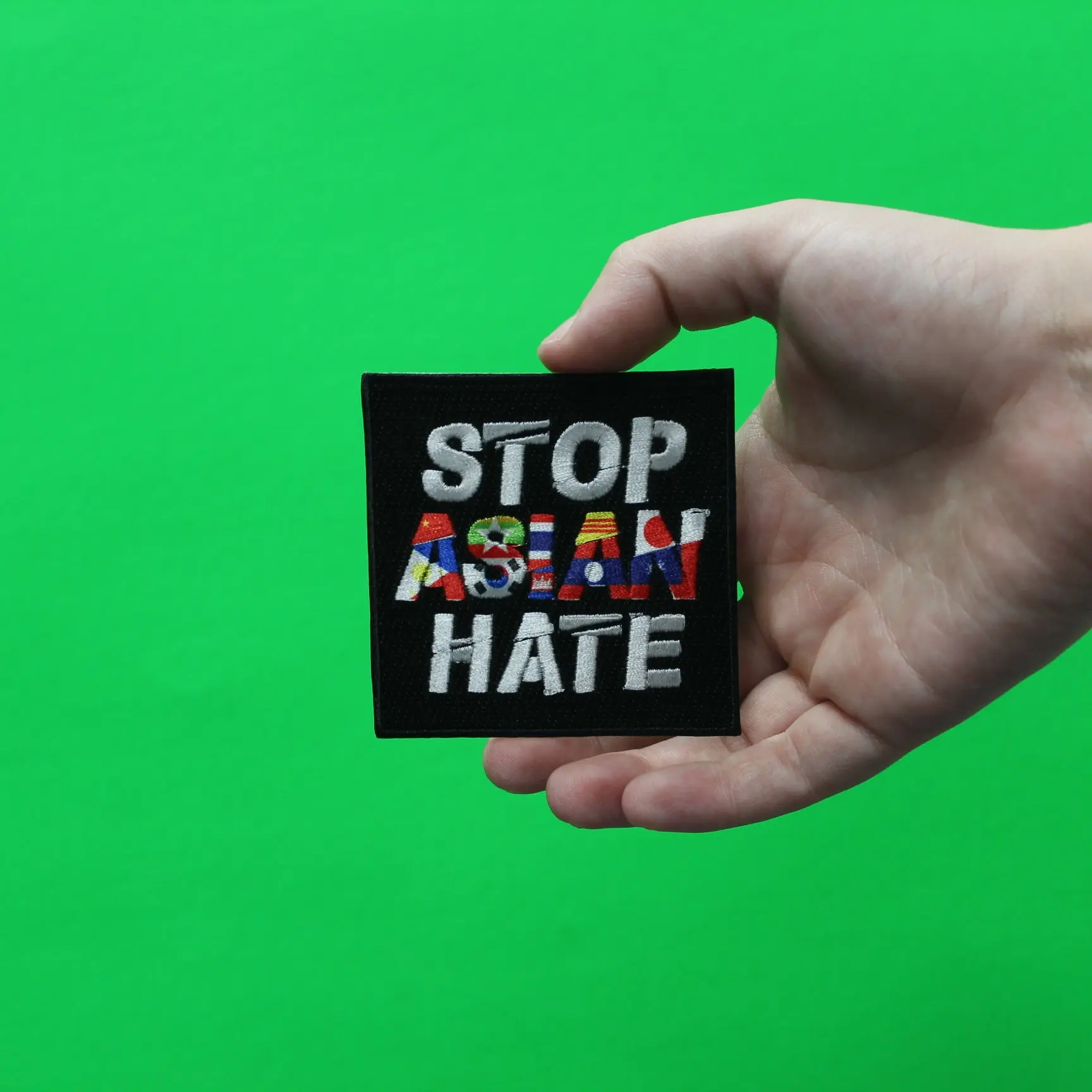 Stop Asian Hate Box Logo With Flags Embroidered Iron On Patch - Image 2