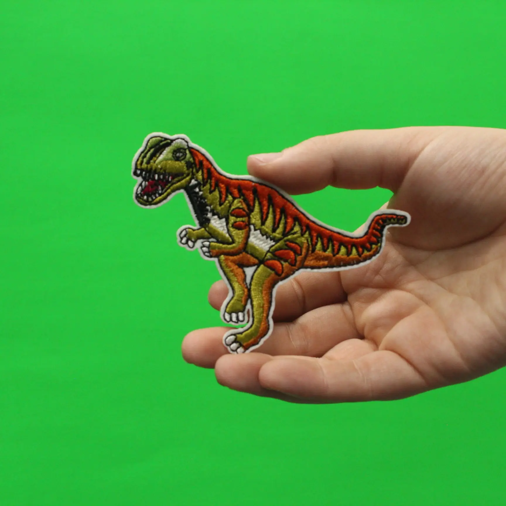T-Rex Orange And Green Standing Dinosaur Embroidered Iron On Patch - Image 2