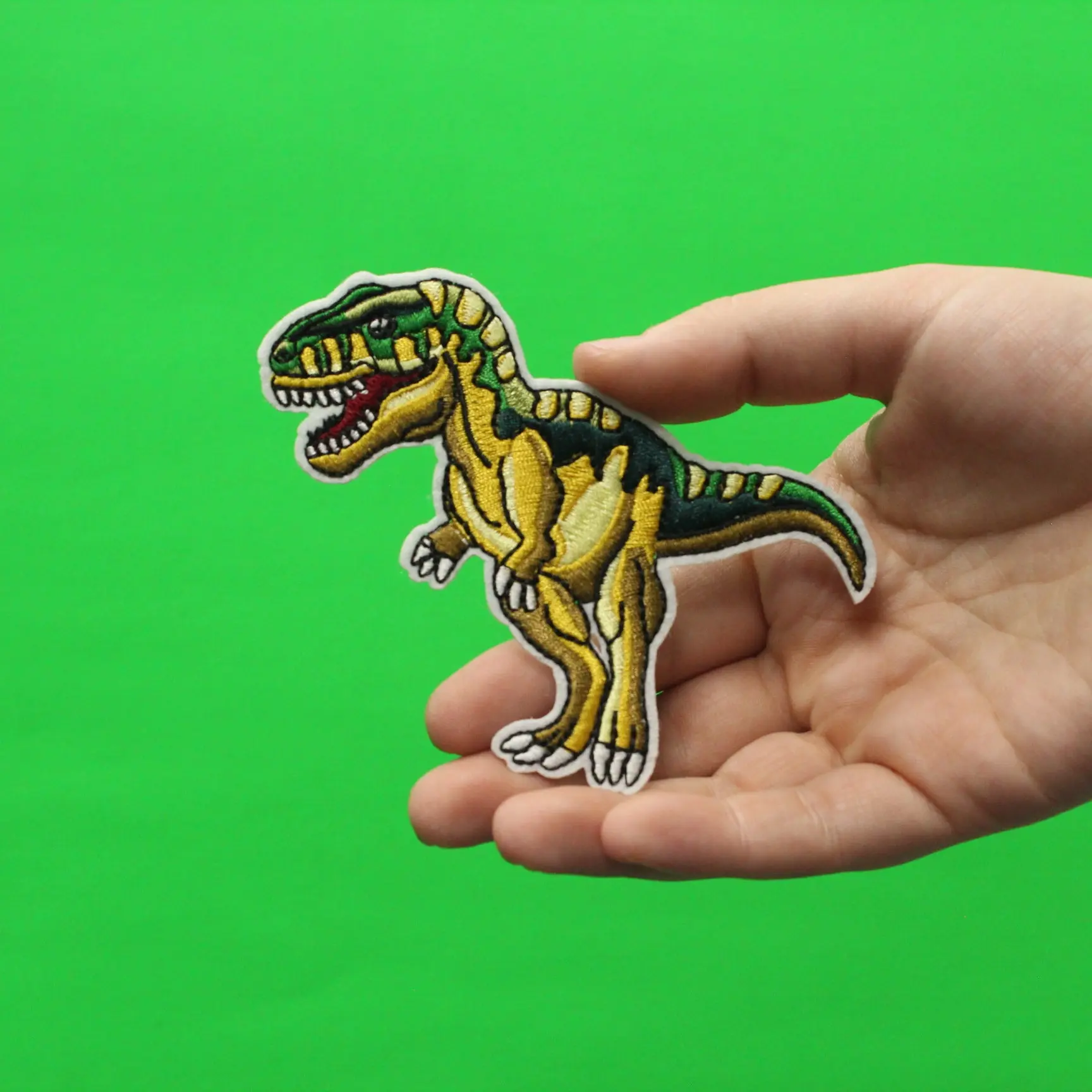 T-Rex Standing Green And Yellow Dinosaur Embroidered Iron On Patch - Image 2