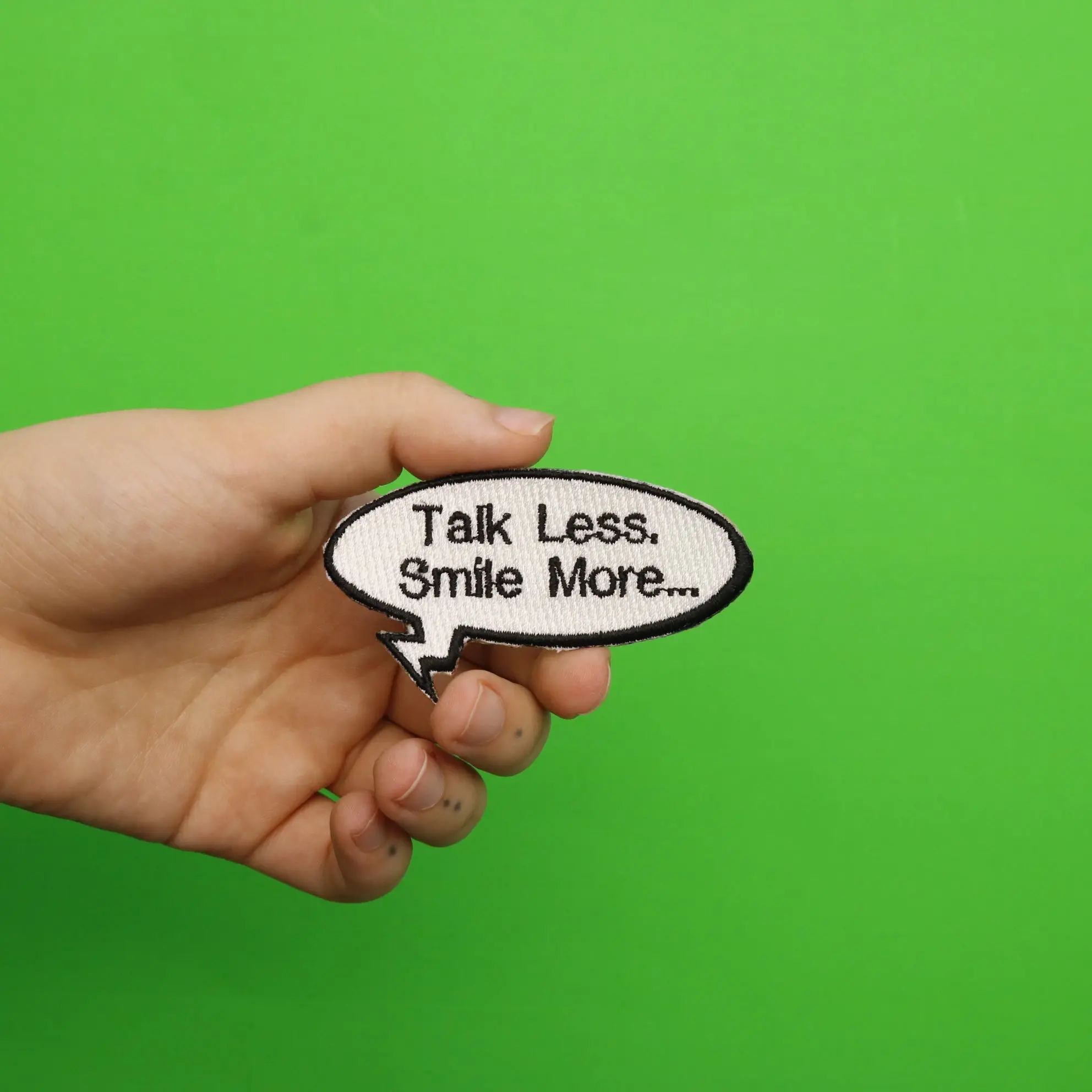 "Talk Less, Smile More..." Word Bubble Embroidered Iron On Patch - Image 2