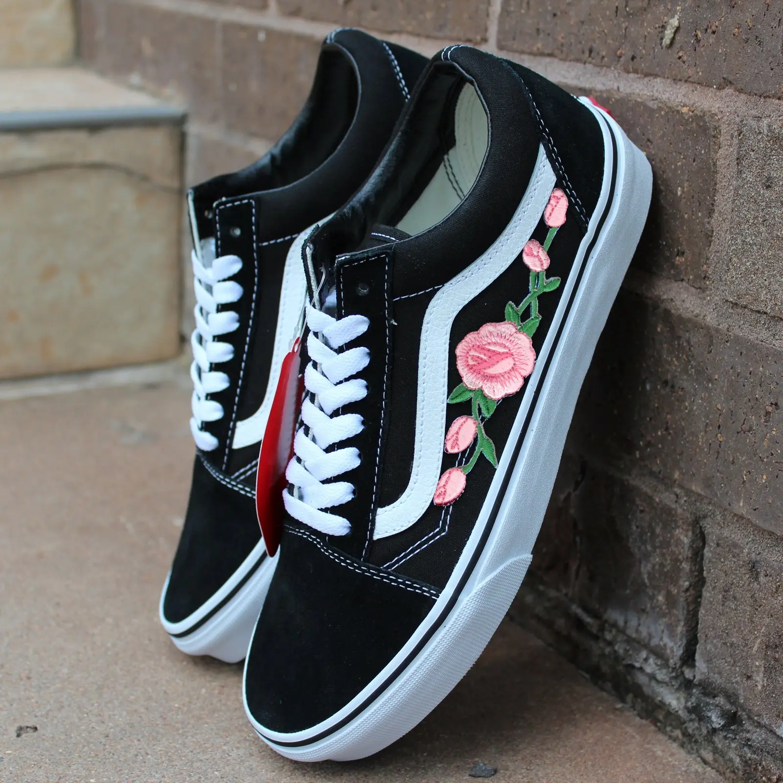 Vans Black Old Skool Pink Rose Custom Handmade Shoes By Patch Collection