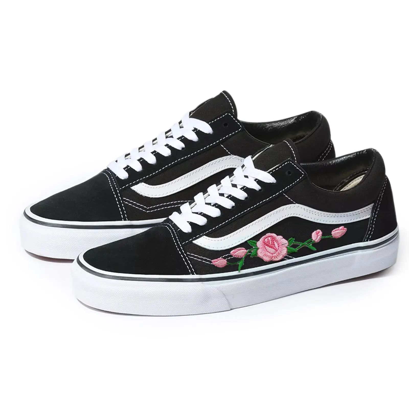 Vans Black Old Skool Pink Rose Custom Handmade Shoes By Patch Collection - Image 2