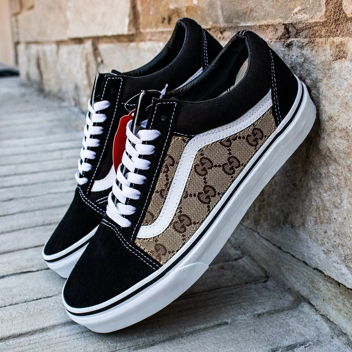 Vans Black Old Skool x Authentic GG Fabric Custom Handmade Shoes By Patch Collection