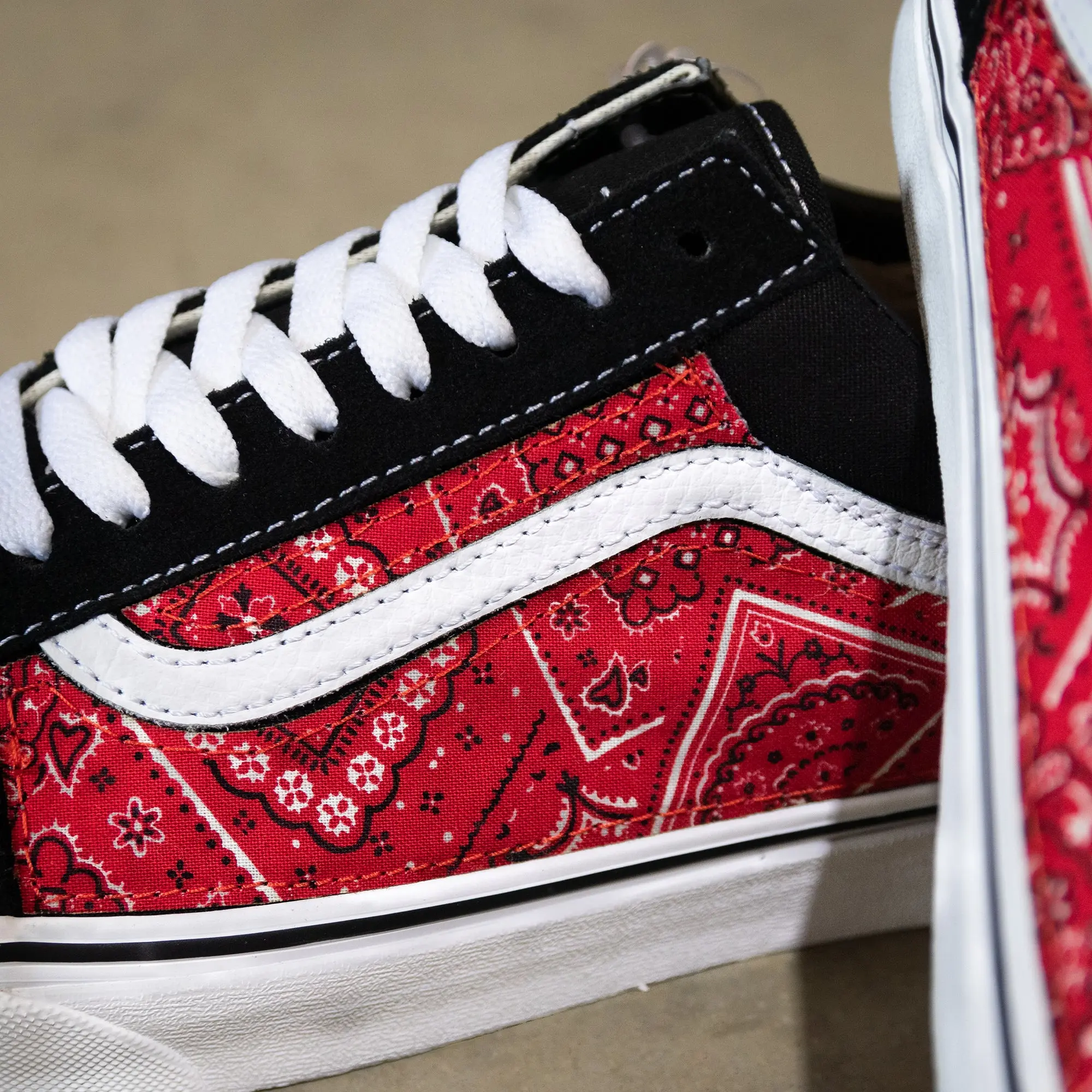 Vans Black Old Skool x Red Bandana Pattern Custom Handmade Shoes By Patch Collection - Image 4