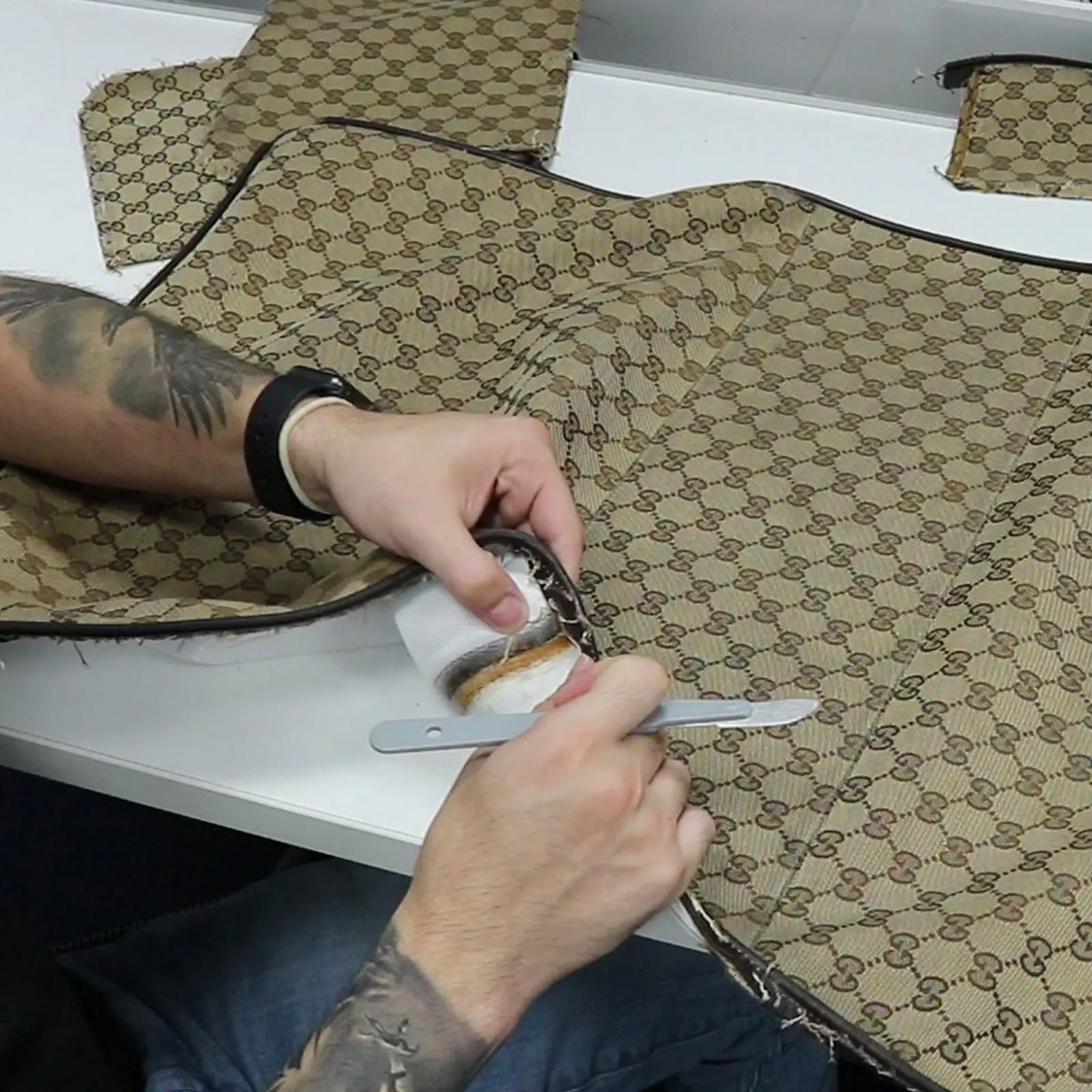 Vans White Old Skool x Authentic GG Fabric Custom Handmade Shoes By Patch Collection - Image 5