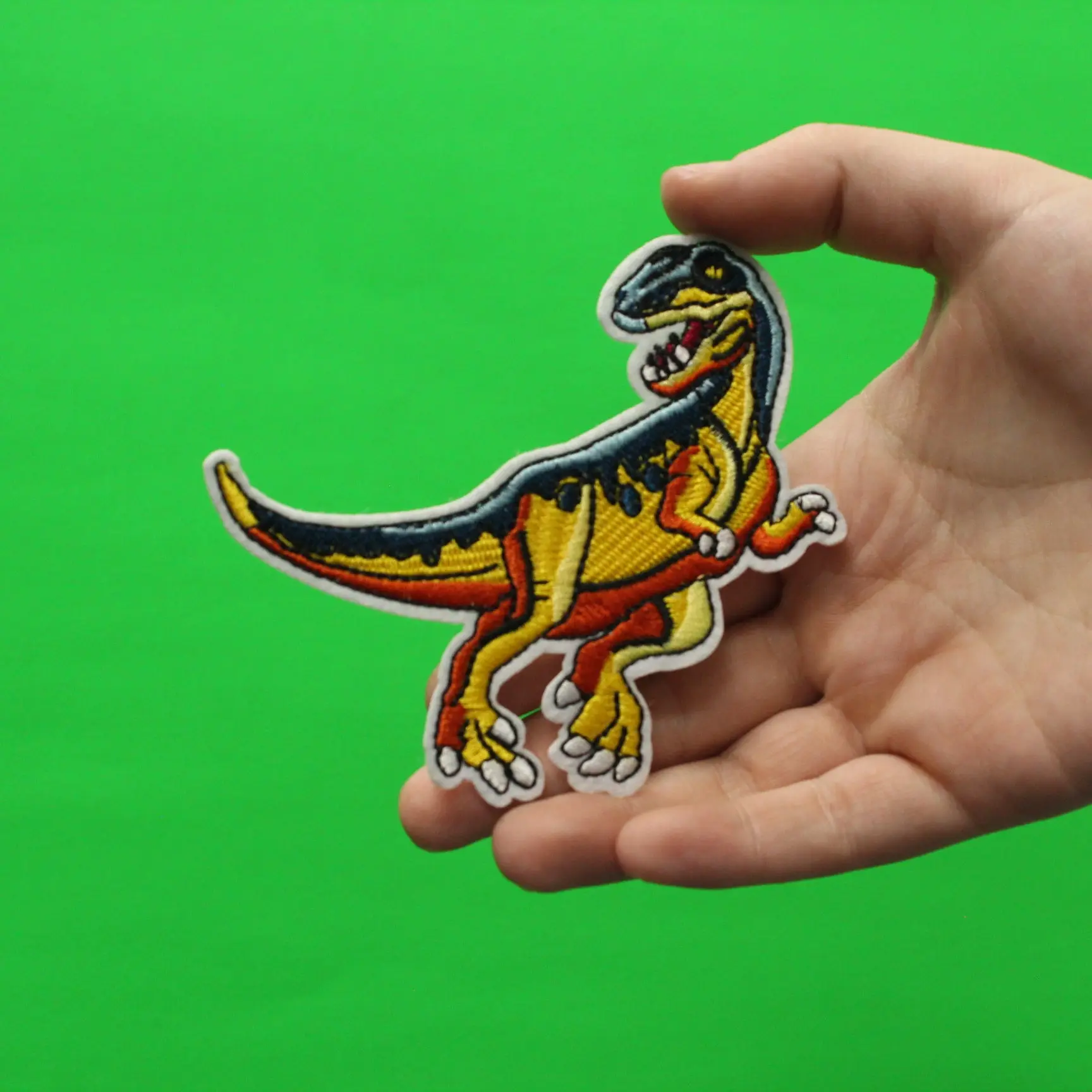 Velociraptor Standing Yellow And Blue Dinosaur Embroidered Iron On Patch - Image 2