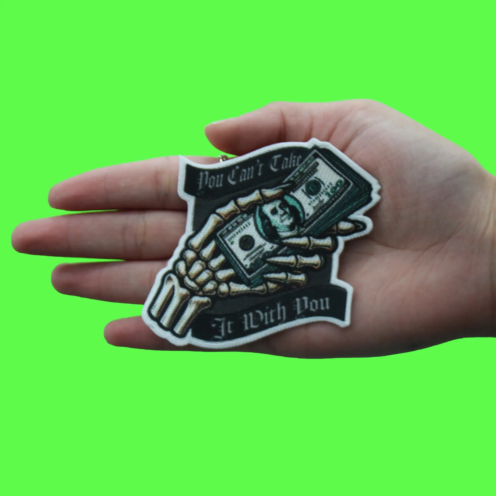 You Can't Take It With You Patch Skeleton Holding Cash Sublimation Iron On - Image 2